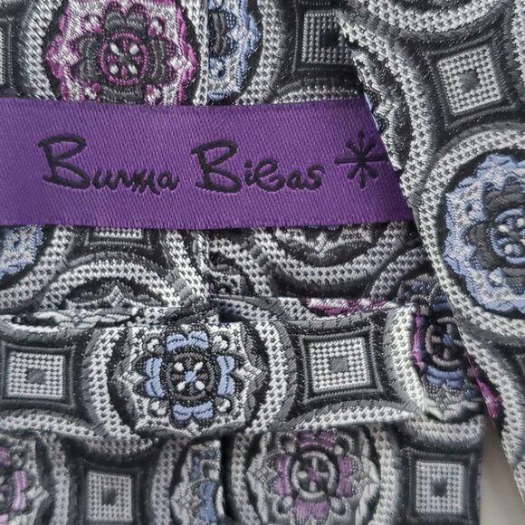 BURMA BIBAS PURPLE GRAY WHITE GEOMETRIC TIE GEOMETRIC SILK OFFICE SPRING FALL - Picture 5 of 6